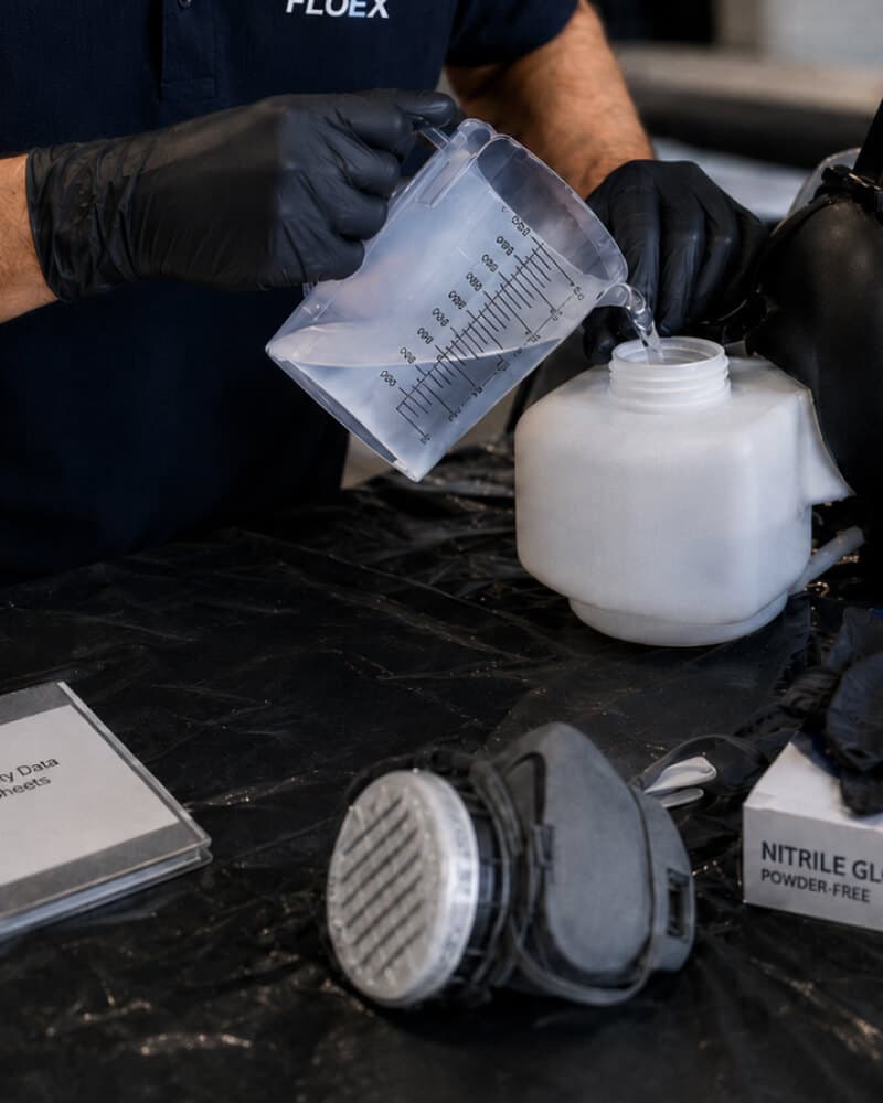 Gloved hands preparing antimicrobial treatment equipment