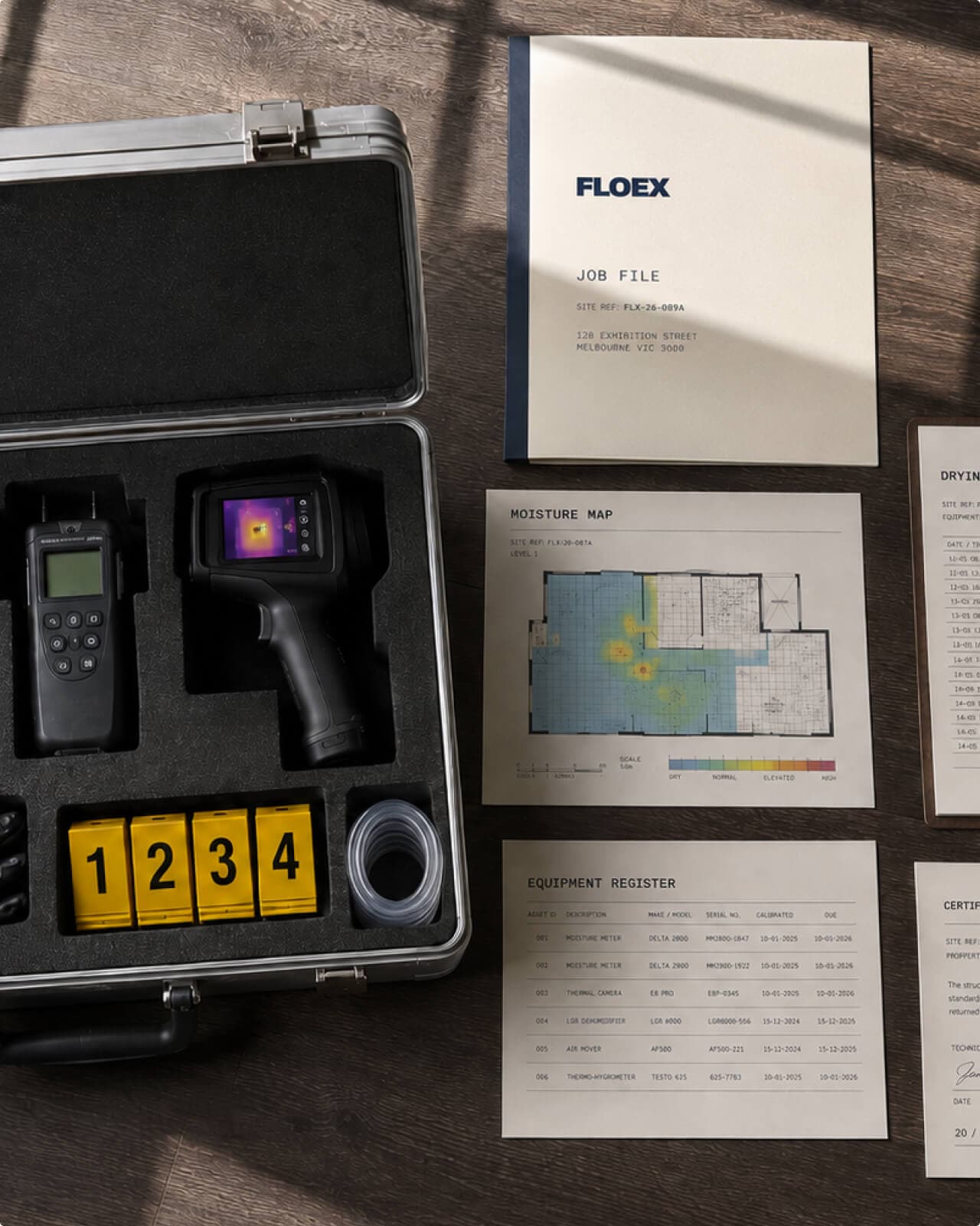 Floex job file, moisture map, equipment register, thermal camera and inspection kit